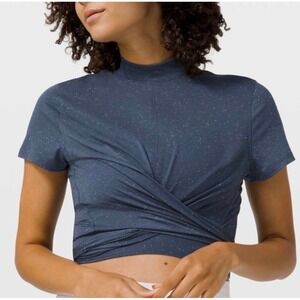 Lululemon Time To Restore Mock Neck Tie Front Short Sleeve Top Blue Speckled 4